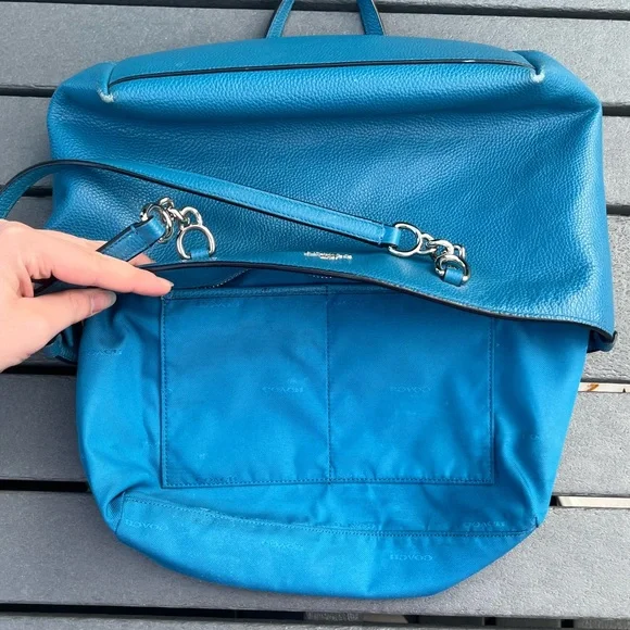 Coach; Vibrant Teal/Blue Leather Tote; Minor Wear; Duel Handles;14x3x8in - Picture 6 of 10